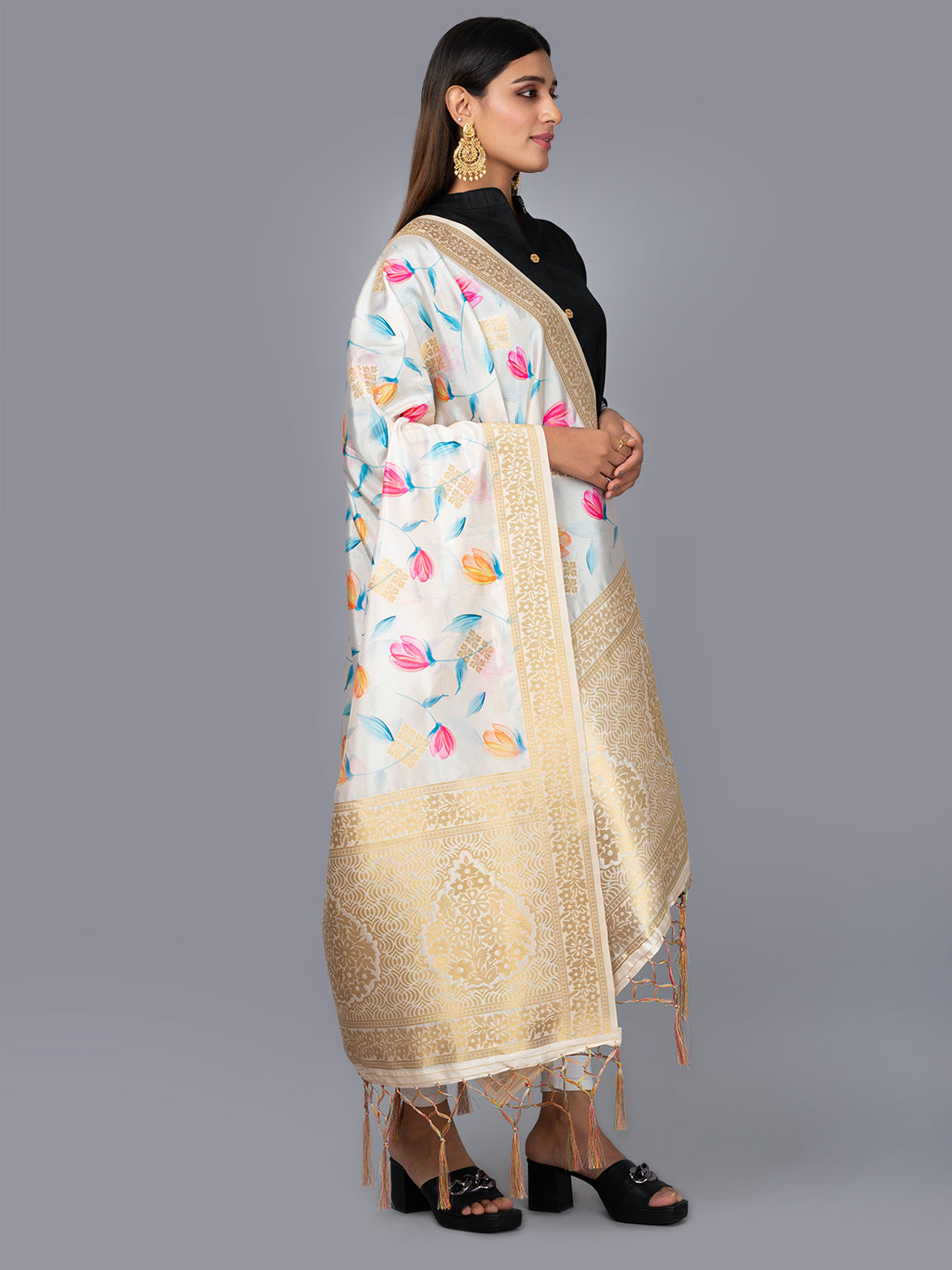 “Banarasi digital printed dupatta with rich patterns and gold zari detailing – perfect for festive and ethnic Indian wear by Negchaar”