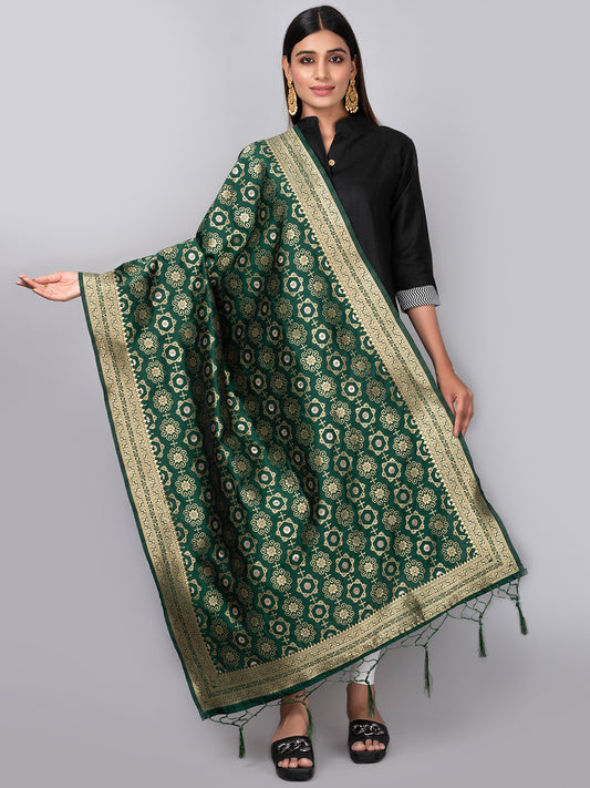 Rich Banarasi jacquard dupatta with intricate woven patterns and traditional motifs, showcasing a luxurious texture—perfect for festive occasions and ethnic wear.