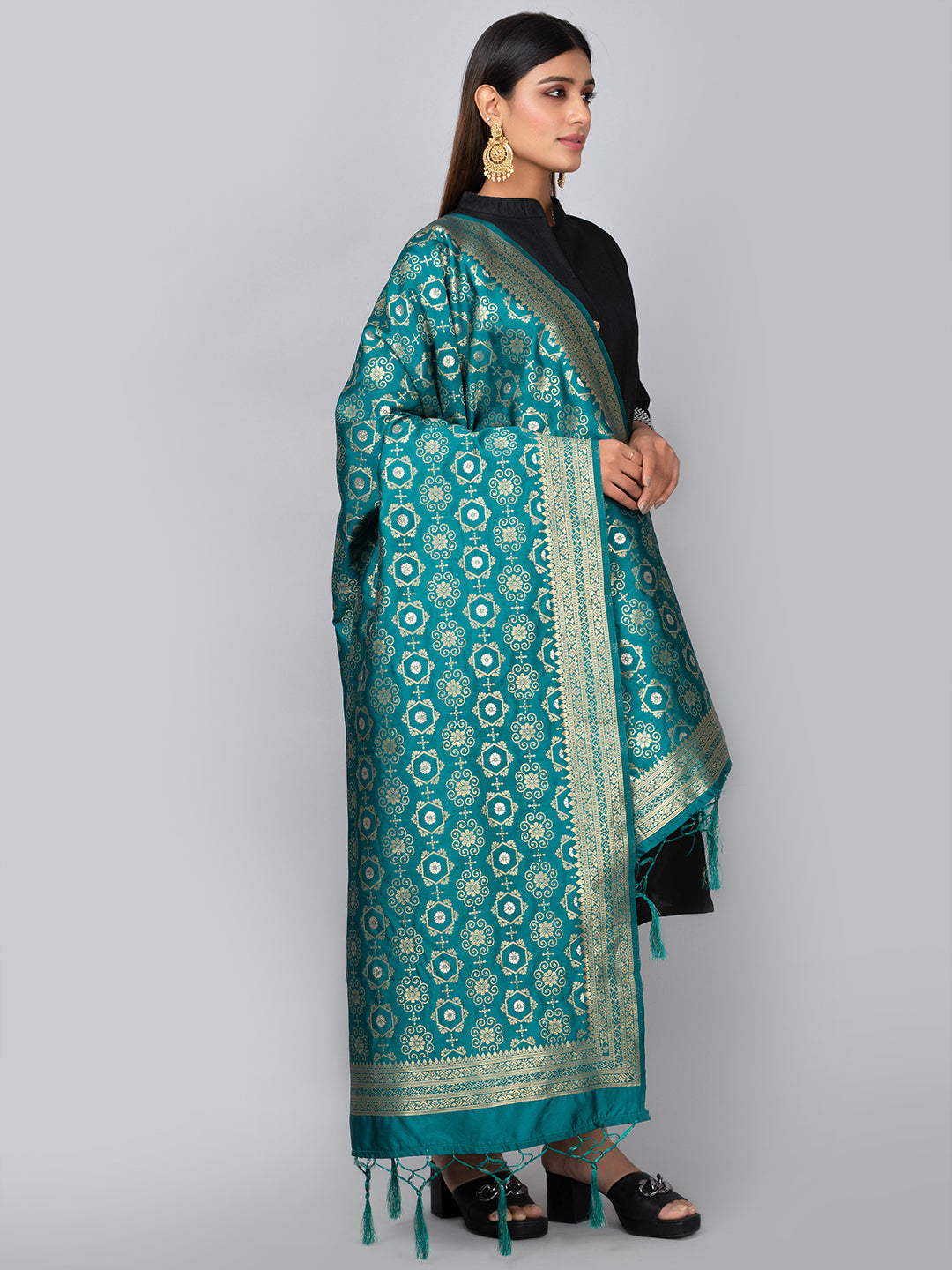 Rich Banarasi jacquard dupatta with intricate woven patterns and traditional motifs, showcasing a luxurious texture—perfect for festive occasions and ethnic wear.