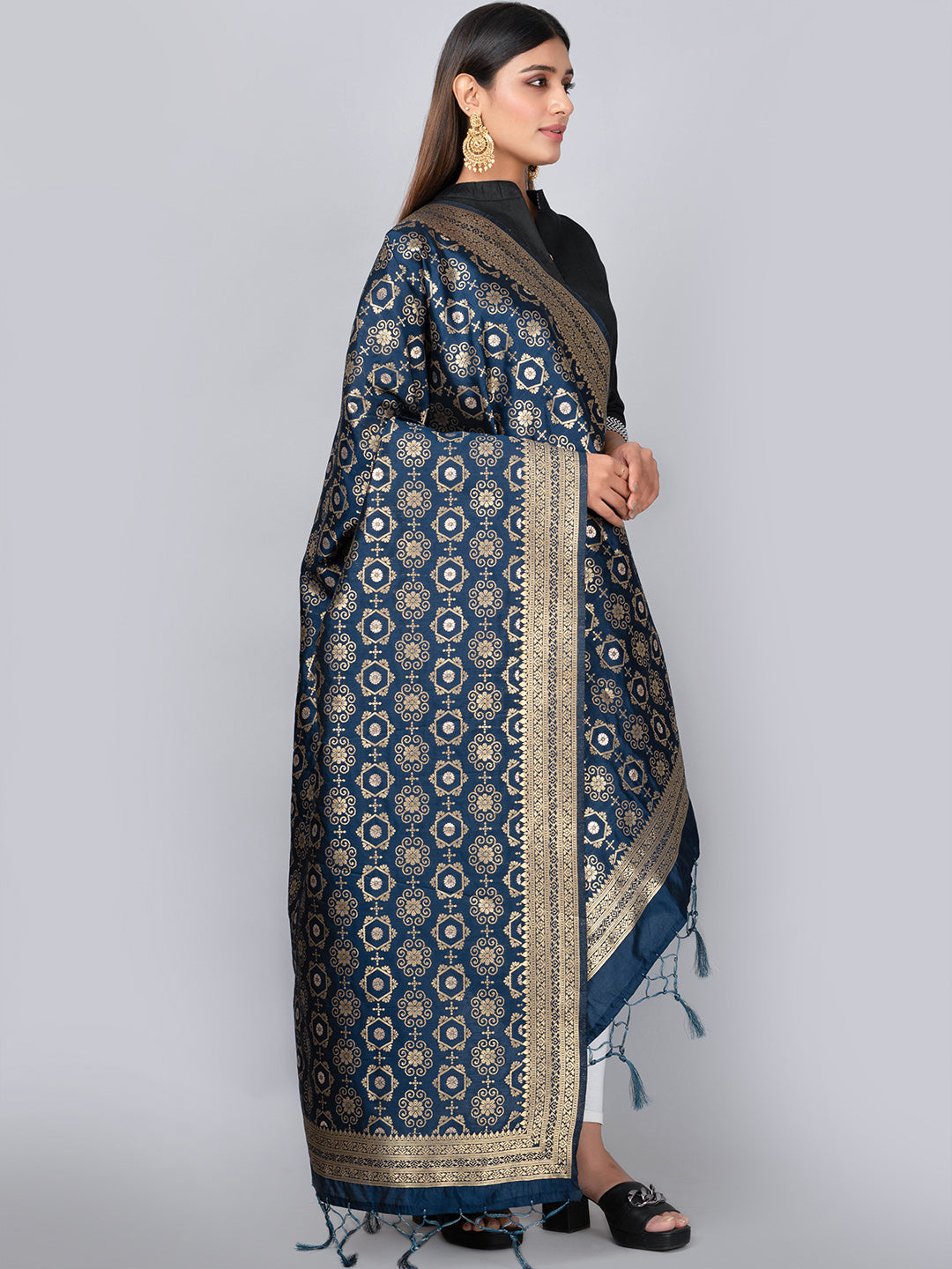 Rich Banarasi jacquard dupatta with intricate woven patterns and traditional motifs, showcasing a luxurious texture—perfect for festive occasions and ethnic wear.