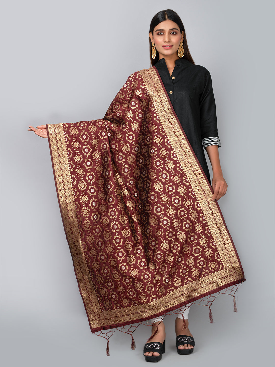 Rich Banarasi jacquard dupatta with intricate woven patterns and traditional motifs, showcasing a luxurious texture—perfect for festive occasions and ethnic wear.