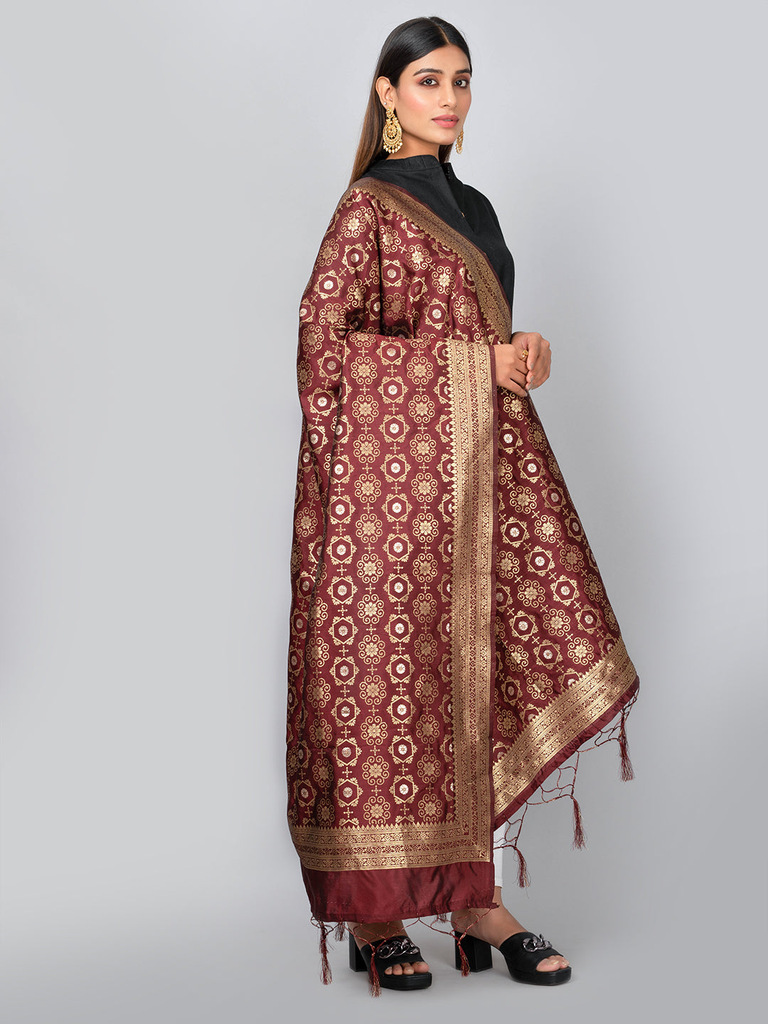 Rich Banarasi jacquard dupatta with intricate woven patterns and traditional motifs, showcasing a luxurious texture—perfect for festive occasions and ethnic wear.
