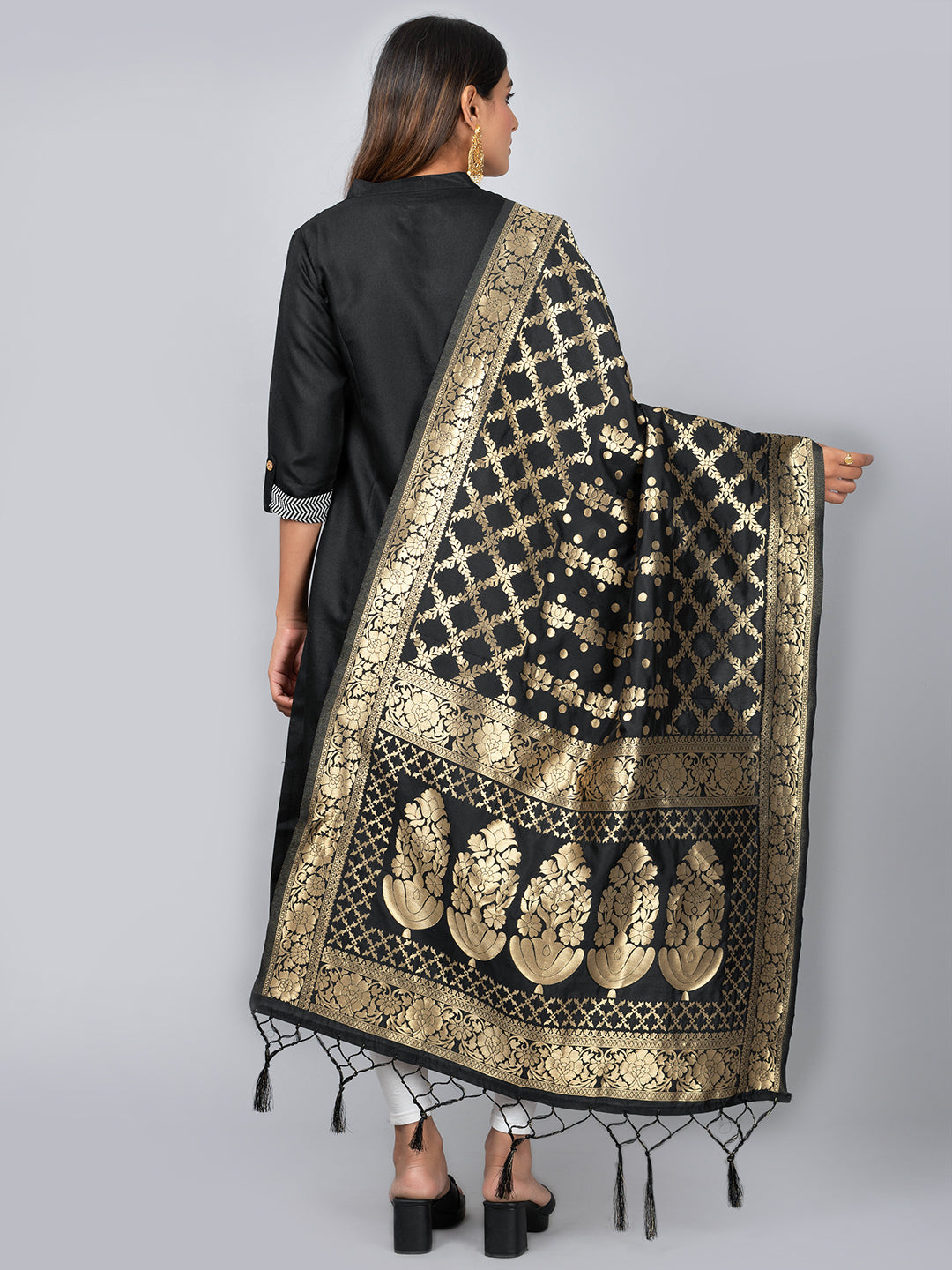 Rich Banarasi jacquard dupatta with intricate woven patterns and traditional motifs, showcasing a luxurious texture—perfect for festive occasions and ethnic wear.