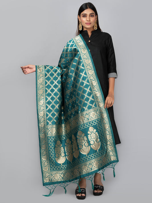 Rich Banarasi jacquard dupatta with intricate woven patterns and traditional motifs, showcasing a luxurious texture—perfect for festive occasions and ethnic wear.
