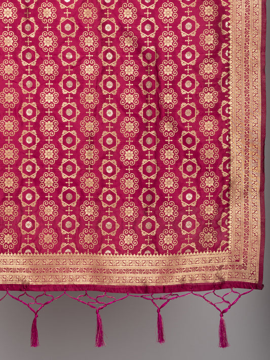 Rich Banarasi jacquard dupatta with intricate woven patterns and traditional motifs, showcasing a luxurious texture—perfect for festive occasions and ethnic wear.