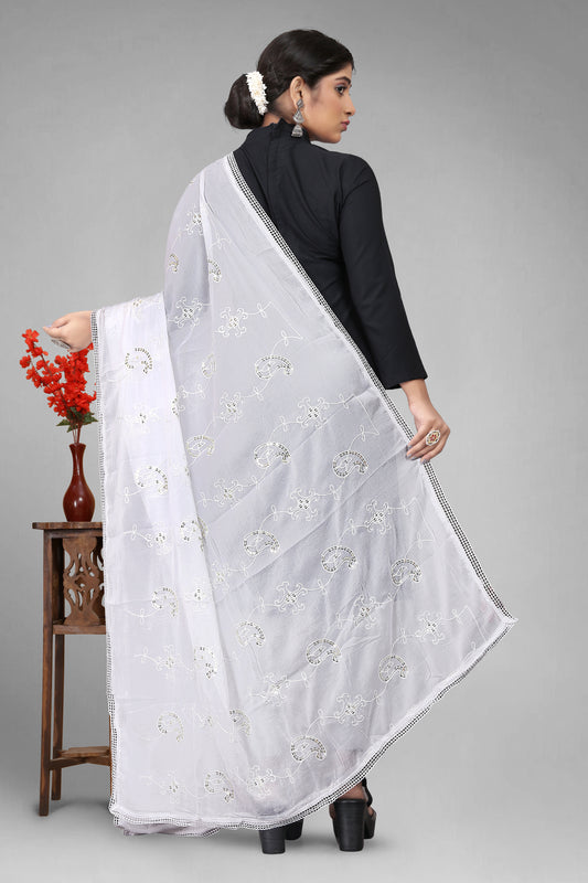 Chiffon dyeable dupatta with delicate sequin embroidery, showcasing a soft, sheer texture and elegant sparkle—ideal for custom dyeing, festive wear, and ethnic styling.