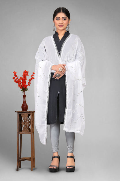 Chiffon dyeable dupatta with delicate sequin embroidery, showcasing a soft, sheer texture and elegant sparkle—ideal for custom dyeing, festive wear, and ethnic styling.
