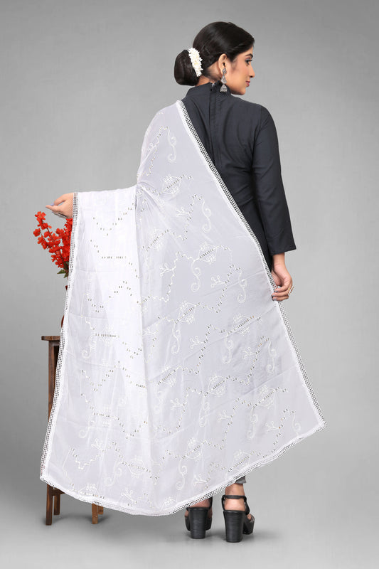 Chiffon dyeable dupatta with delicate sequin embroidery, showcasing a soft, sheer texture and elegant sparkle—ideal for custom dyeing, festive wear, and ethnic styling.