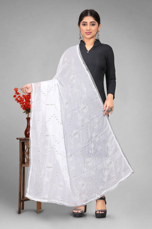 Chiffon dyeable dupatta with delicate sequin embroidery, showcasing a soft, sheer texture and elegant sparkle—ideal for custom dyeing, festive wear, and ethnic styling.