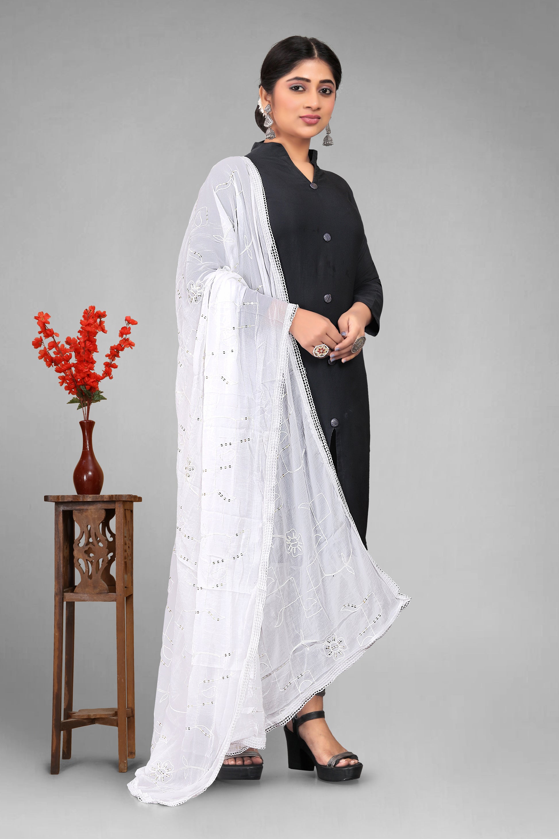 Chiffon dyeable dupatta with delicate sequin embroidery, showcasing a soft, sheer texture and elegant sparkle—ideal for custom dyeing, festive wear, and ethnic styling.