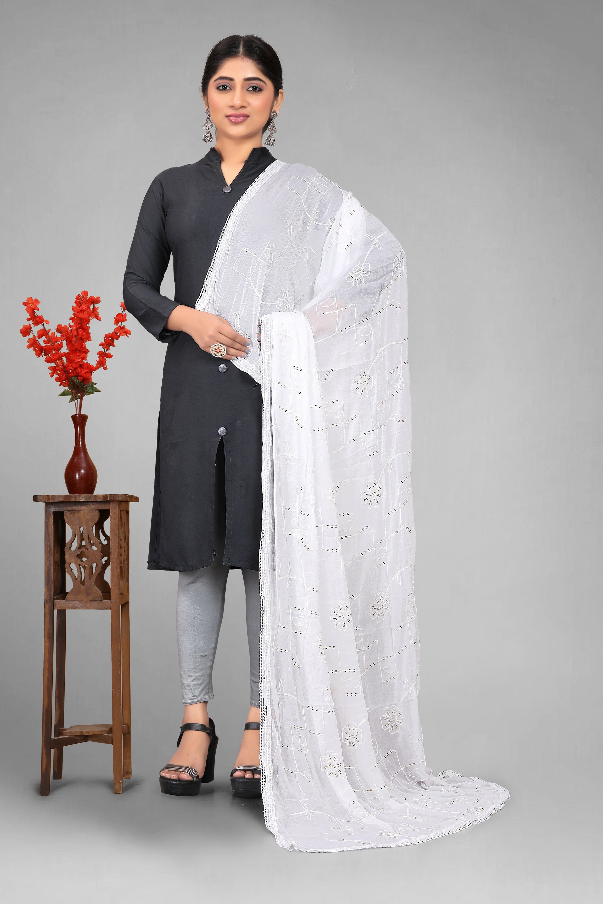 Chiffon dyeable dupatta with delicate sequin embroidery, showcasing a soft, sheer texture and elegant sparkle—ideal for custom dyeing, festive wear, and ethnic styling.