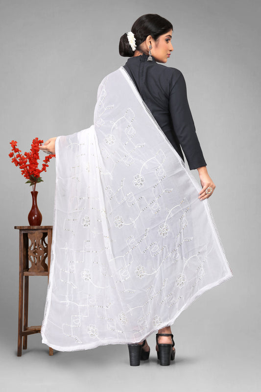Chiffon dyeable dupatta with delicate sequin embroidery, showcasing a soft, sheer texture and elegant sparkle—ideal for custom dyeing, festive wear, and ethnic styling.