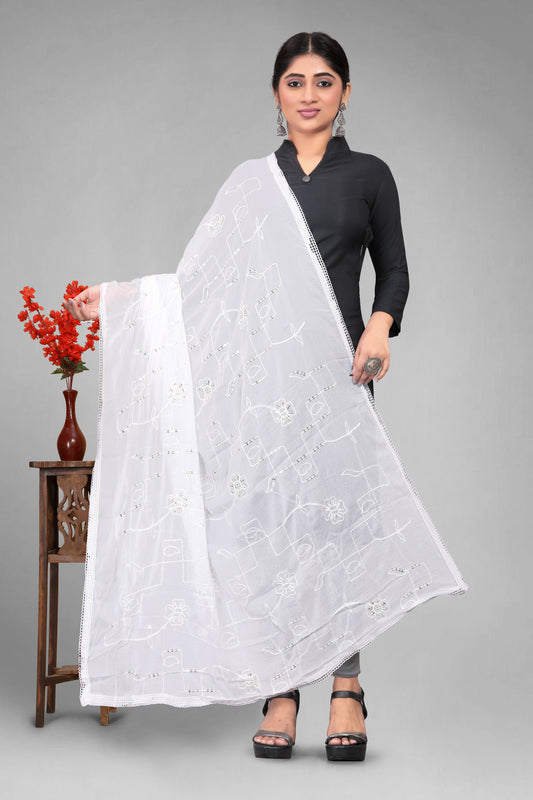 Chiffon dyeable dupatta with delicate sequin embroidery, showcasing a soft, sheer texture and elegant sparkle—ideal for custom dyeing, festive wear, and ethnic styling.