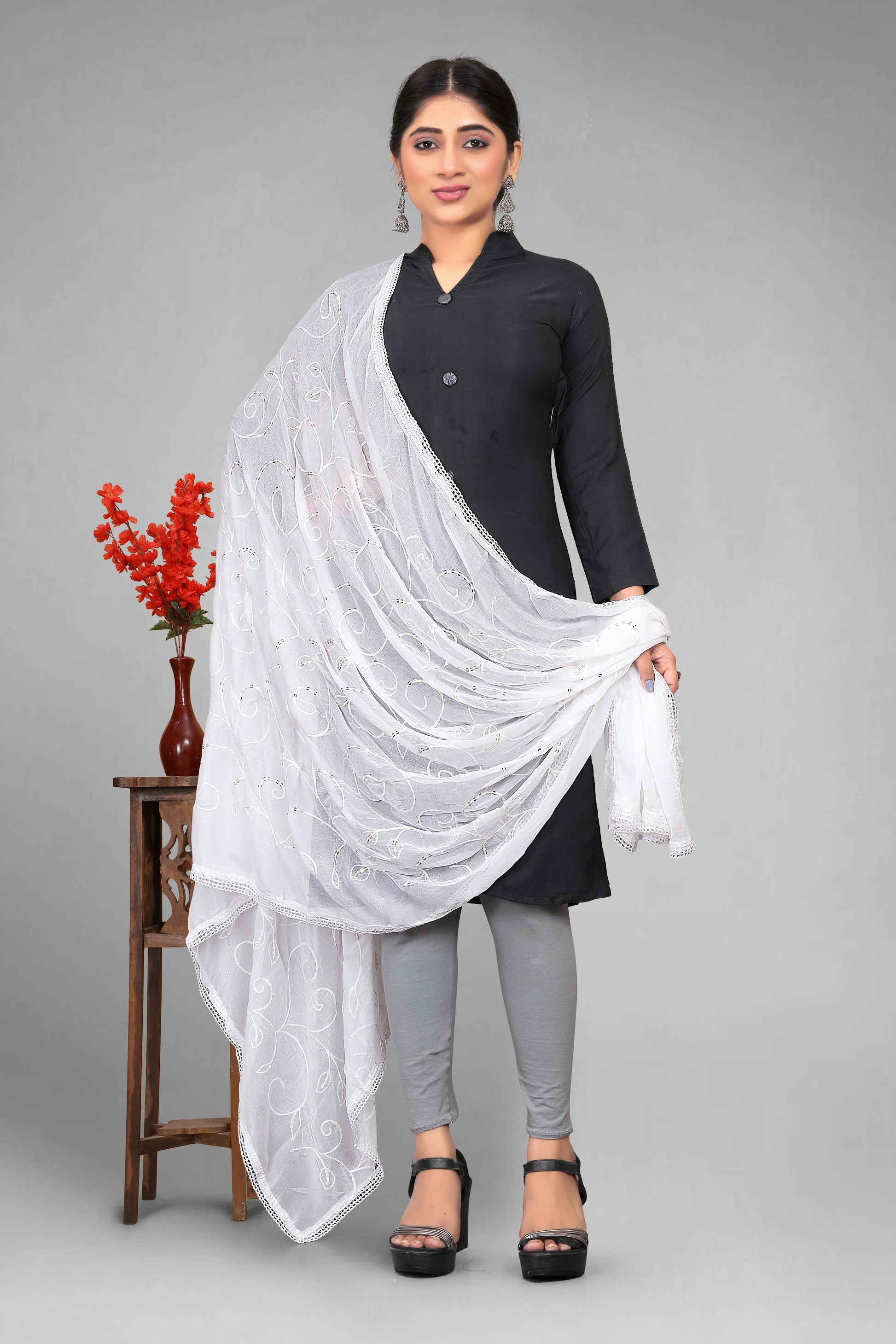 Chiffon dyeable dupatta with delicate sequin embroidery, showcasing a soft, sheer texture and elegant sparkle—ideal for custom dyeing, festive wear, and ethnic styling.