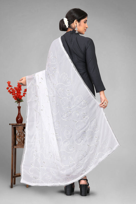 Chiffon dyeable dupatta with delicate sequin embroidery, showcasing a soft, sheer texture and elegant sparkle—ideal for custom dyeing, festive wear, and ethnic styling.