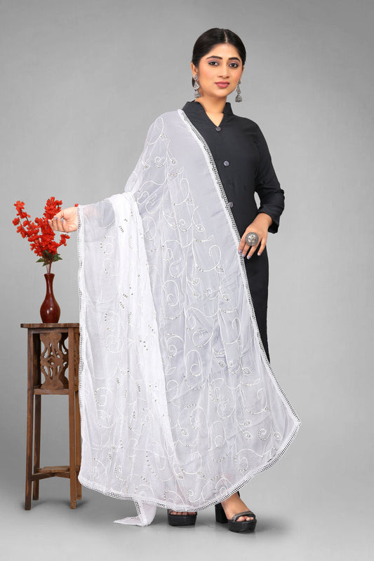 Chiffon dyeable dupatta with delicate sequin embroidery, showcasing a soft, sheer texture and elegant sparkle—ideal for custom dyeing, festive wear, and ethnic styling.
