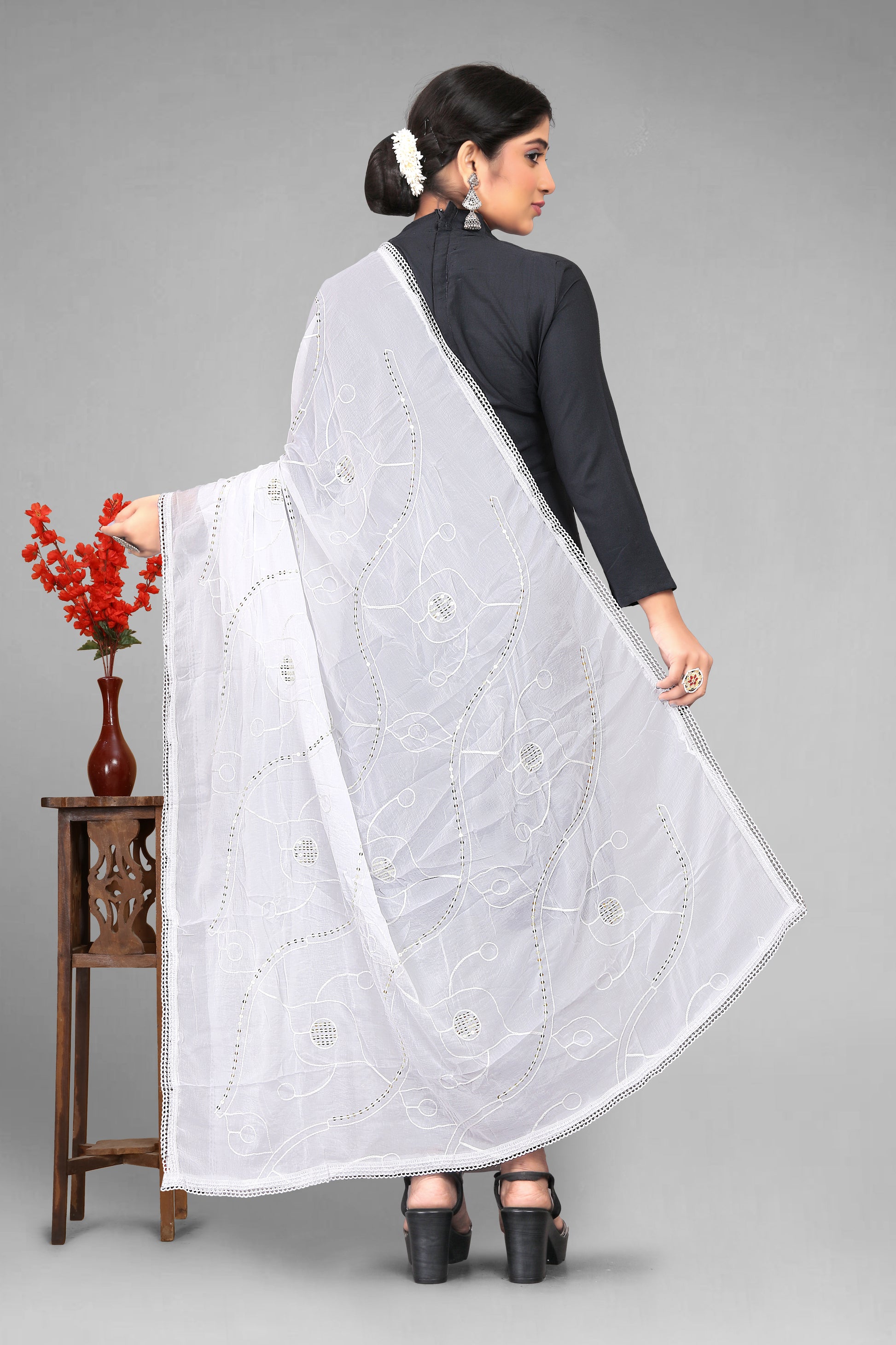 Chiffon dyeable dupatta with delicate sequin embroidery, showcasing a soft, sheer texture and elegant sparkle—ideal for custom dyeing, festive wear, and ethnic styling.