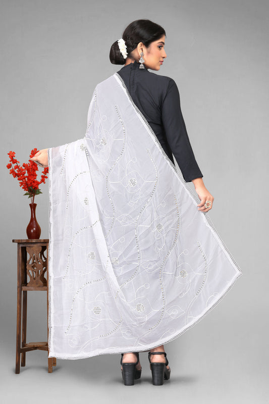 Chiffon dyeable dupatta with delicate sequin embroidery, showcasing a soft, sheer texture and elegant sparkle—ideal for custom dyeing, festive wear, and ethnic styling.