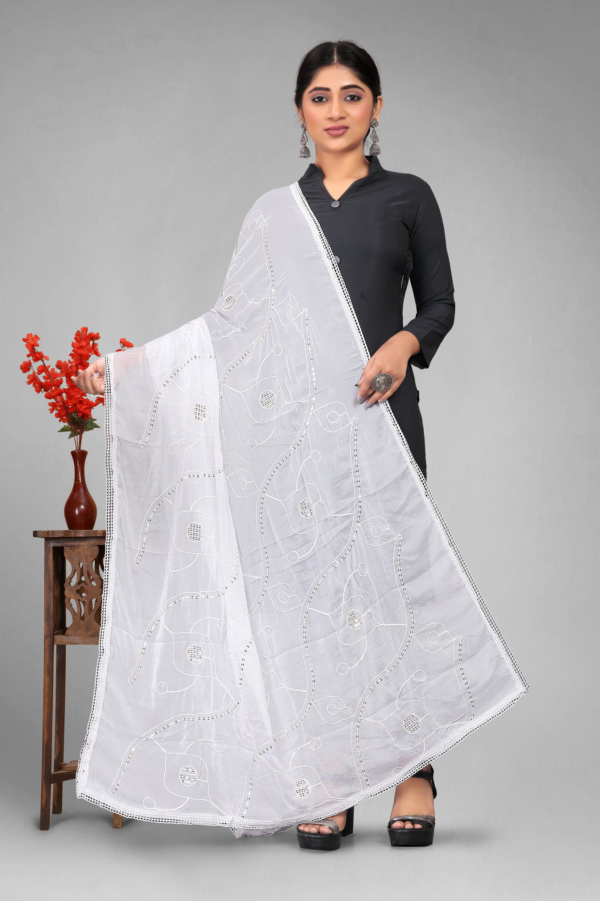 Chiffon dyeable dupatta with delicate sequin embroidery, showcasing a soft, sheer texture and elegant sparkle—ideal for custom dyeing, festive wear, and ethnic styling.