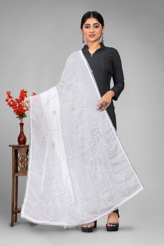 Chiffon dyeable dupatta with delicate sequin embroidery, showcasing a soft, sheer texture and elegant sparkle—ideal for custom dyeing, festive wear, and ethnic styling.