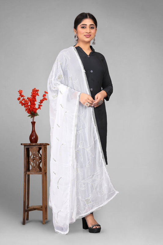 Chiffon dyeable dupatta with delicate sequin embroidery, showcasing a soft, sheer texture and elegant sparkle—ideal for custom dyeing, festive wear, and ethnic styling.