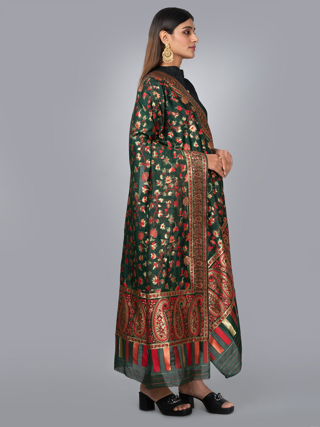 "Elegant Kashmiri jacquard dupatta with intricate traditional motifs, rich textures, and vibrant colors – ideal for festive and ethnic styling by Negchaar"
