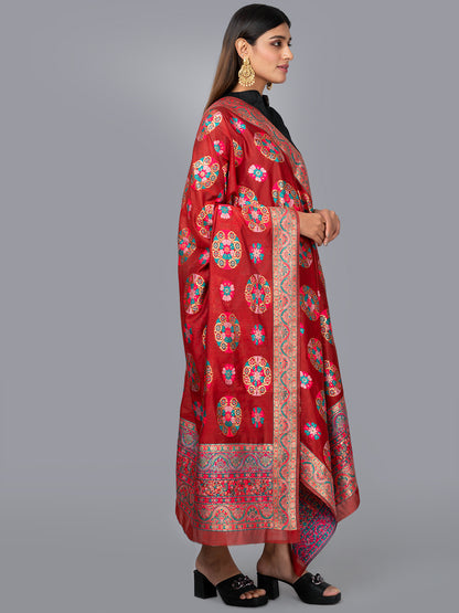 "Elegant Kashmiri jacquard dupatta with intricate traditional motifs, rich textures, and vibrant colors – ideal for festive and ethnic styling by Negchaar"