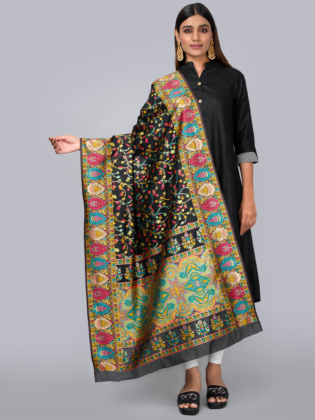 "Elegant Kashmiri jacquard dupatta with intricate traditional motifs, rich textures, and vibrant colors – ideal for festive and ethnic styling by Negchaar"