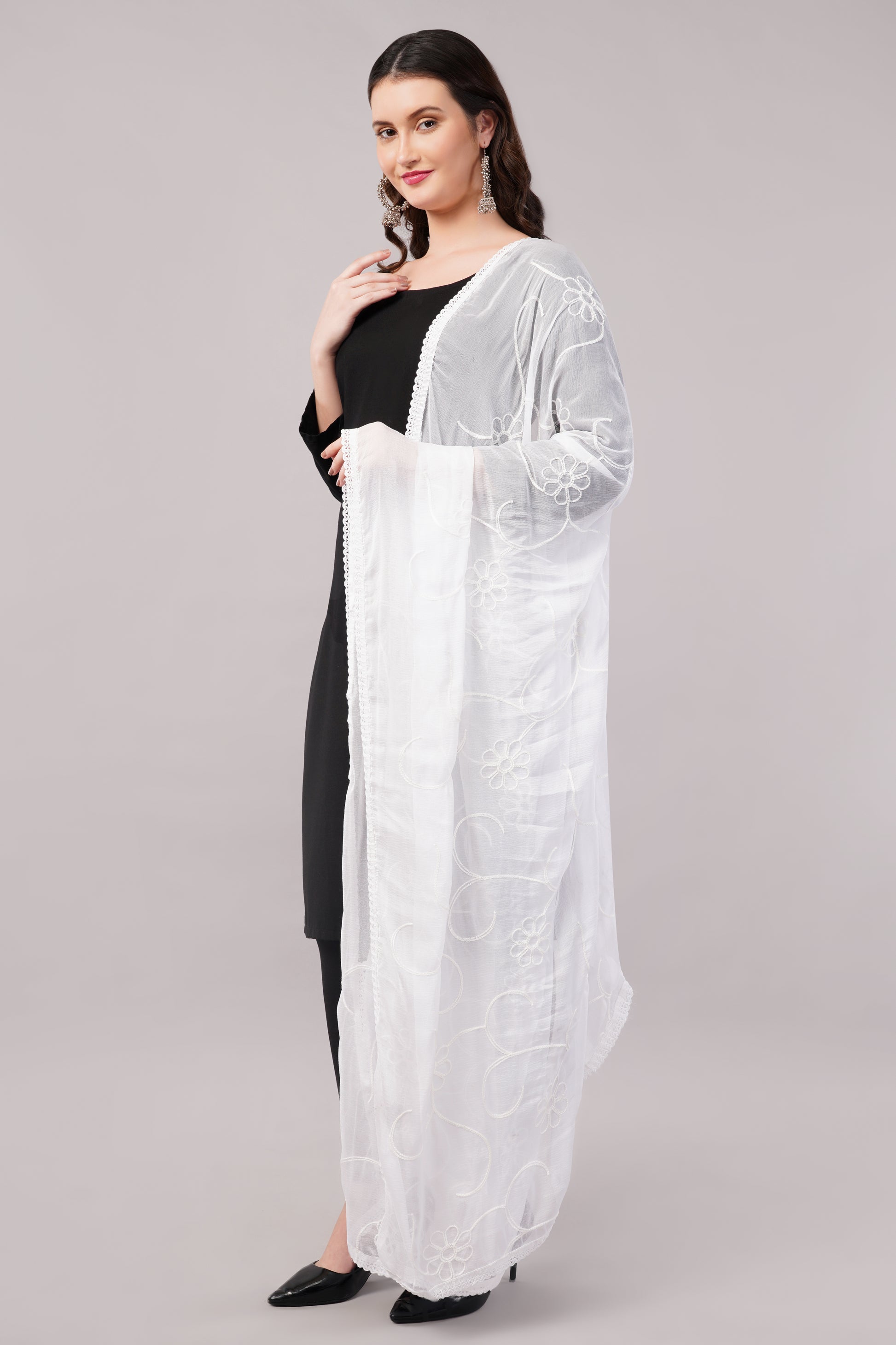 “Chiffon dyable dupatta with delicate embroidery – lightweight, breathable, and perfect for custom dyeing and everyday ethnic wear by Negchaar”