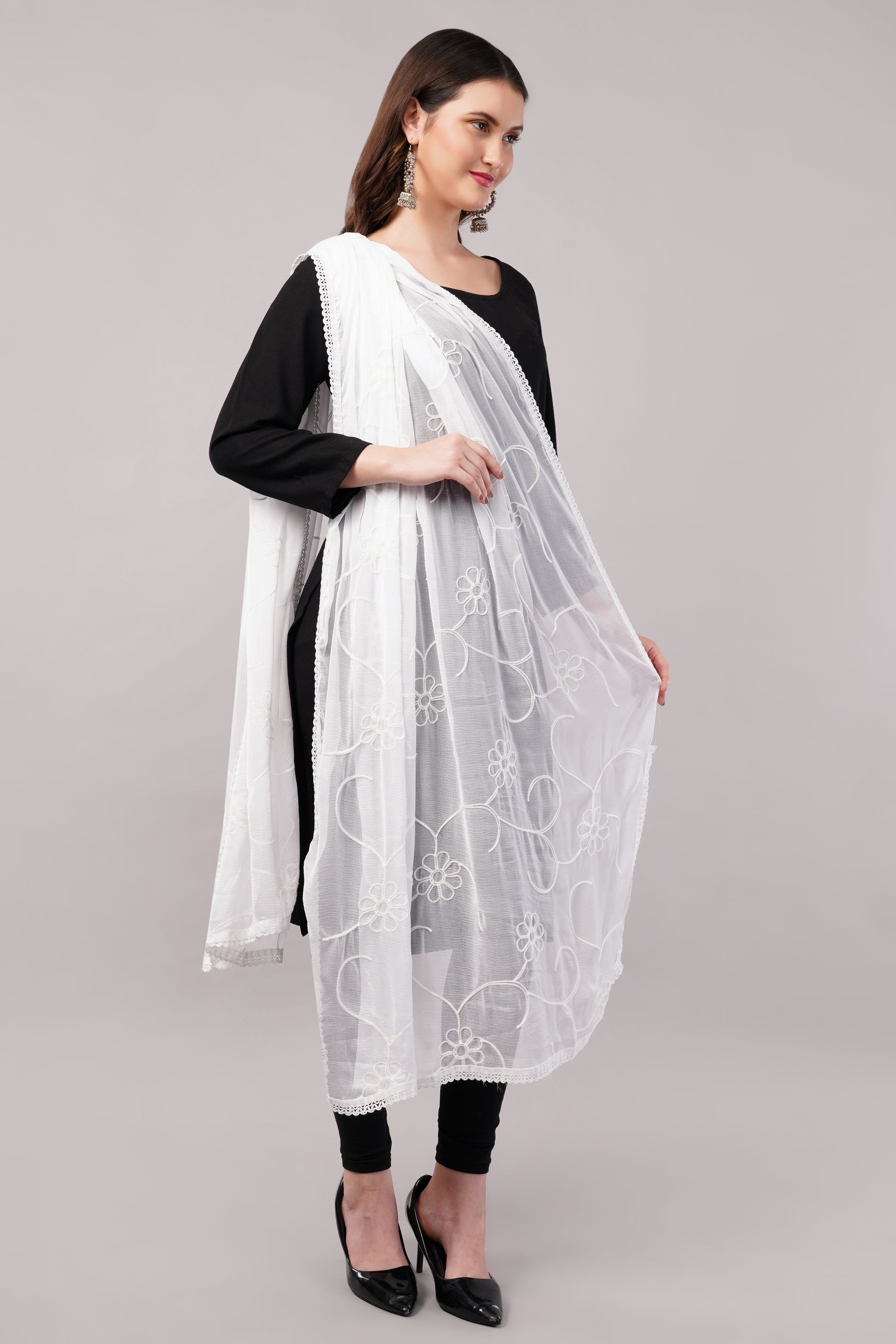 “Chiffon dyable dupatta with delicate embroidery – lightweight, breathable, and perfect for custom dyeing and everyday ethnic wear by Negchaar”