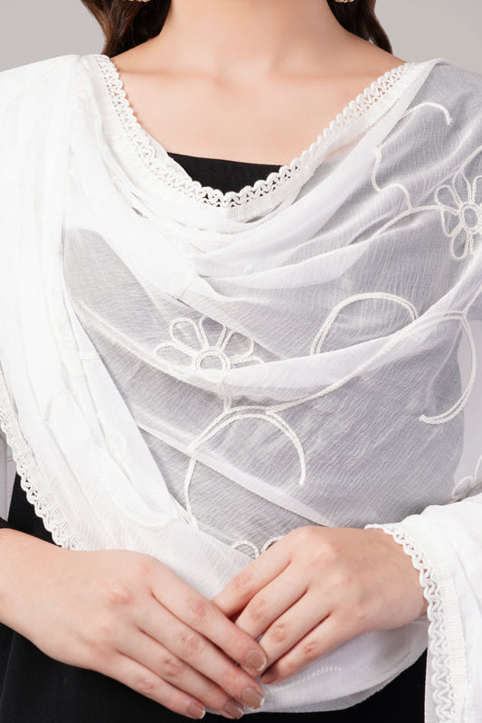 “Chiffon dyable dupatta with delicate embroidery – lightweight, breathable, and perfect for custom dyeing and everyday ethnic wear by Negchaar”